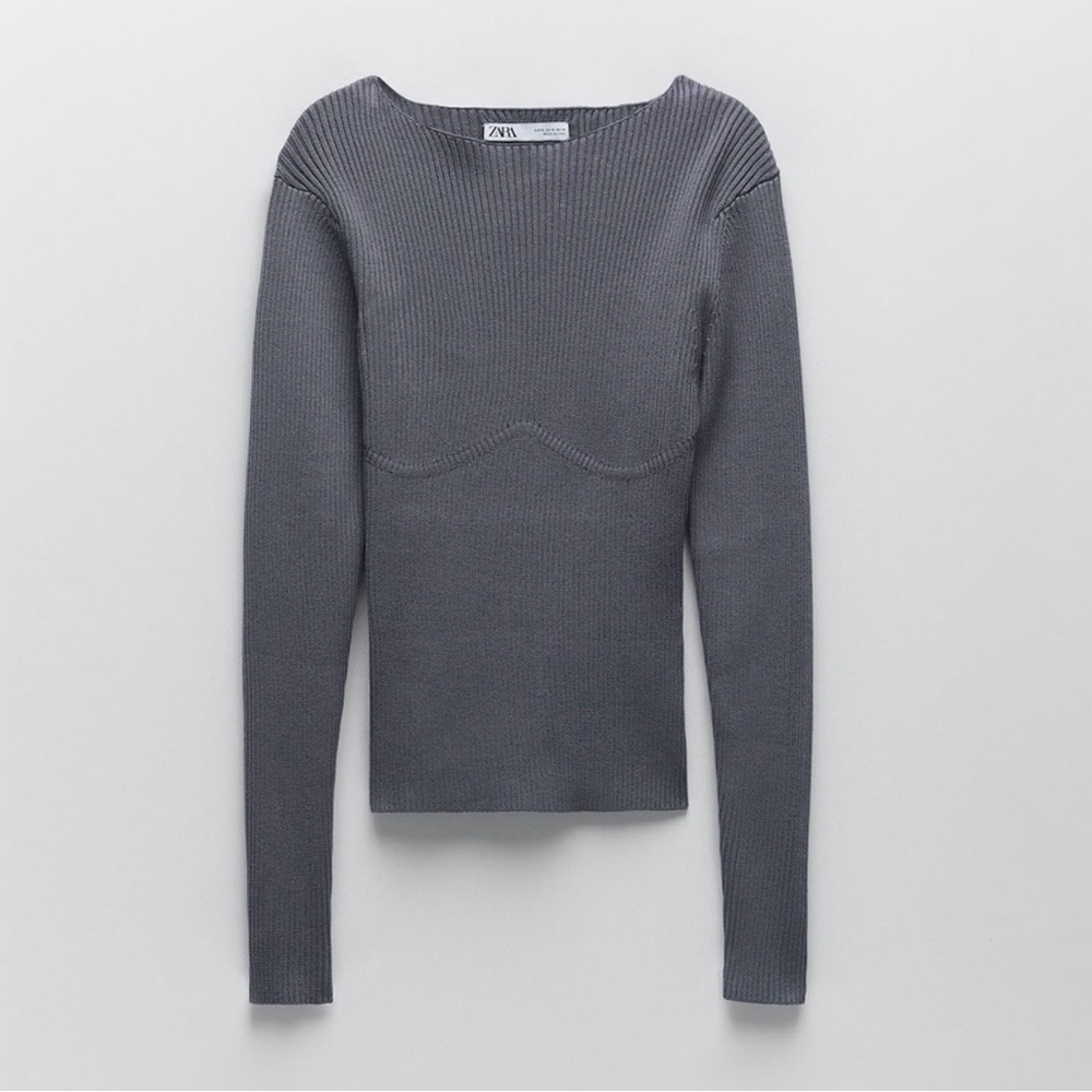 ZARA NWT Women's Gray Long Sleeve Corset Style Ribbed Knit Top